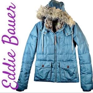 EDDIE BAUER Goose Down Classic Yukon Hooded Faux Fur Trimmed Teal Coat, Small